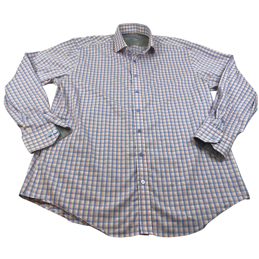 Twillory Performance Fabric Shirt 17.5 34/35 Tailored‎ Fit Blue Pink Check XL